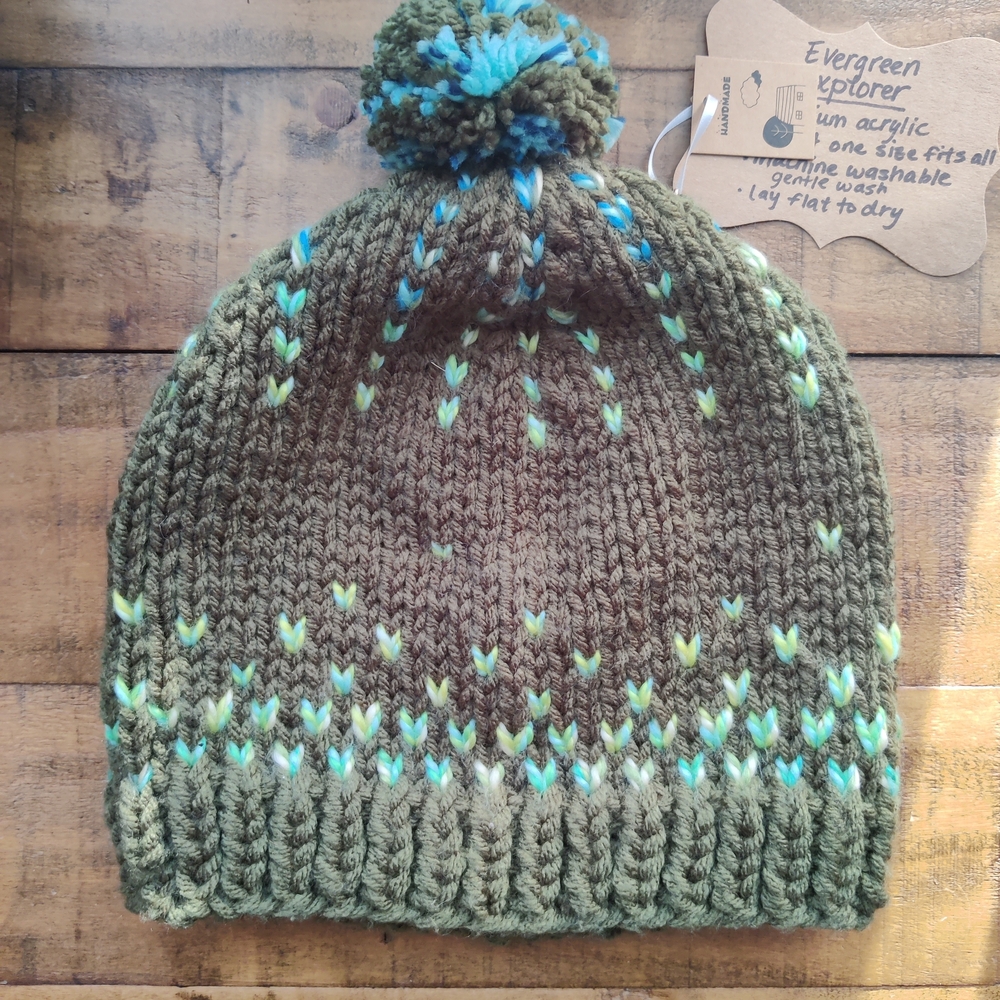 NWT Handmade "Evergreen Explorer" Knit Beanie - Olive Green & Teal